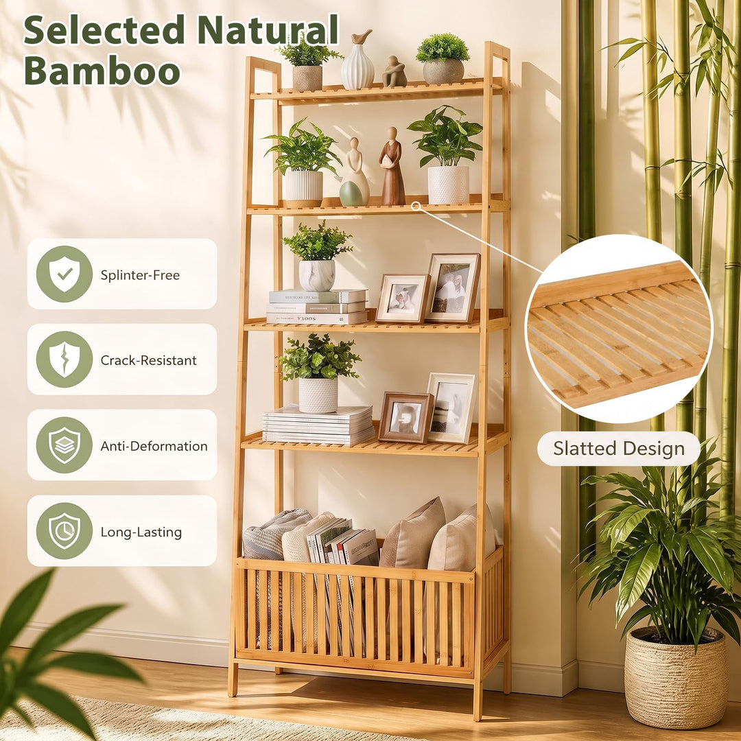 GIANTEX 66" 5-Tier Bamboo Plant Stand Ladder Shelf with Storage Basket