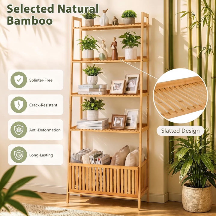 GIANTEX 66" 5-Tier Bamboo Plant Stand Ladder Shelf with Storage Basket