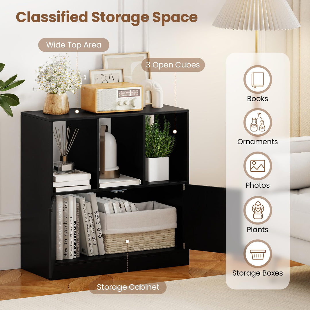 Giantex 3-Cube Bookcase with Doors | 3-Tier Cubic Bookshelf w/Open Compartments &amp; Cabinet