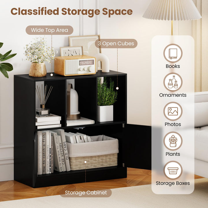 Giantex 3-Cube Bookcase with Doors | 3-Tier Cubic Bookshelf w/Open Compartments &amp; Cabinet