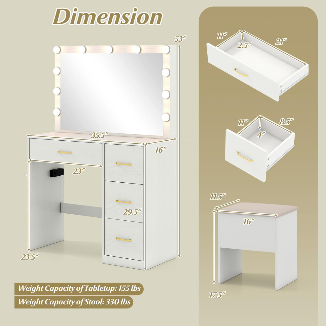 CHARMAID Vanity Desk with Mirror and Lights Makeup Dressing Table with Power Outlets