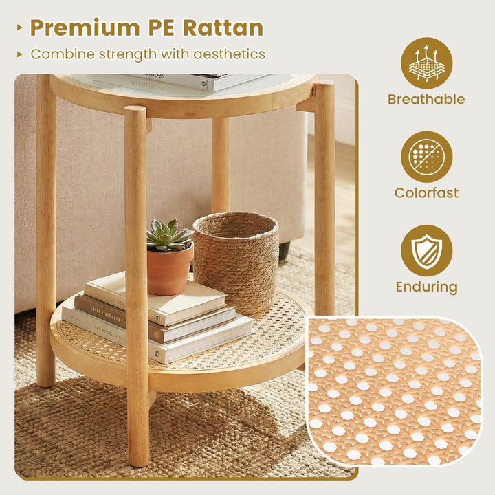 Giantex 2-Tier Boho Rattan Round Side Table w/Tempered Glass Top (1/2)