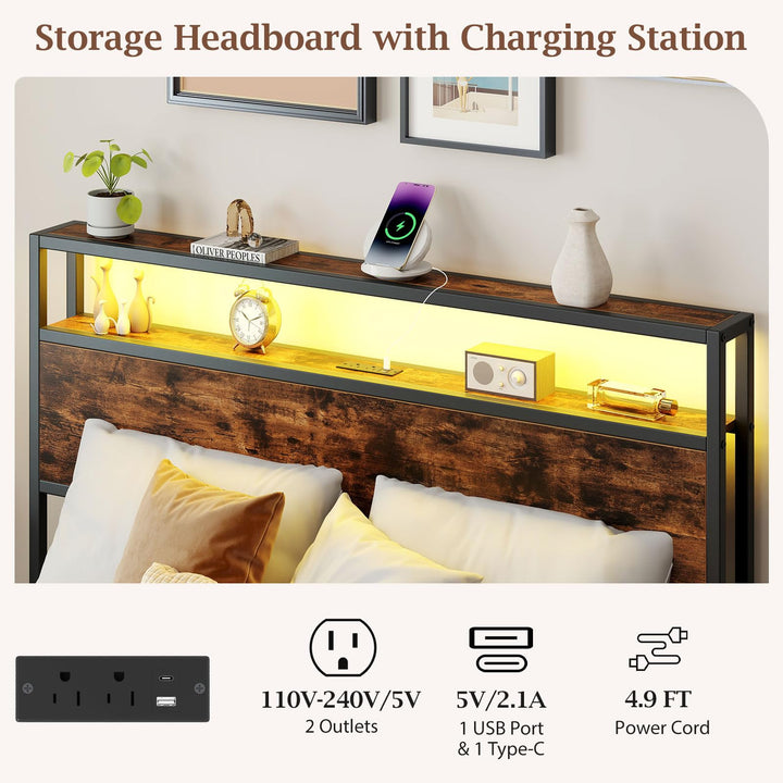 Giantex Queen/Full Size LED Bed Frame with Charging Station &amp; 4 Storage Drawers