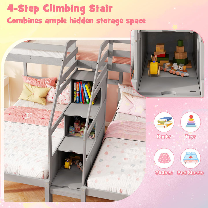Giantex Twin Over Twin &amp; Twin Bunk Bed Triple Bunk Beds with 4-Step Storage Stair