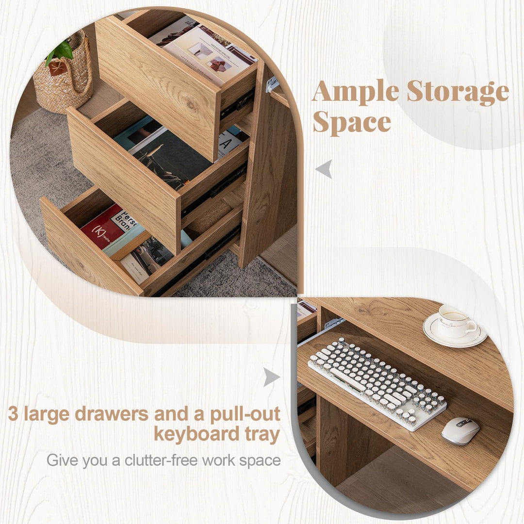 Giantex Computer Desk with Power Outlet, Modern Office Desk with Keyboard Tray &amp; 3 Large Drawers