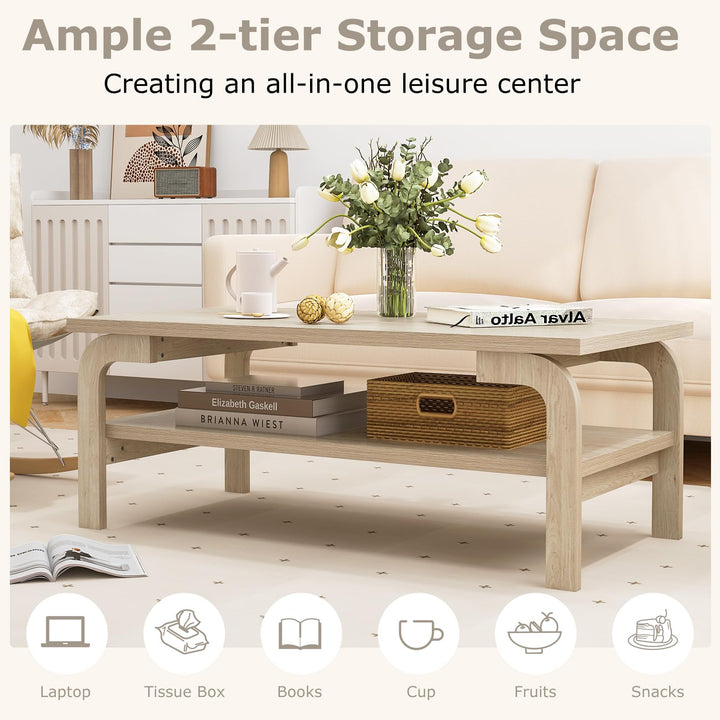 Giantex 2-Tier Coffee Table with Storage, 47” Mid Century Rectangle Accent Table with Open Shelf