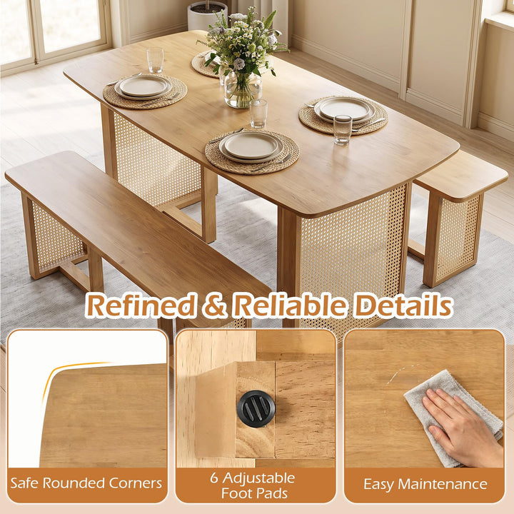 GIANTEX Rattan Dining Table Set for 4 | Rubber Wood Kitchen Table &amp; 2 Bench