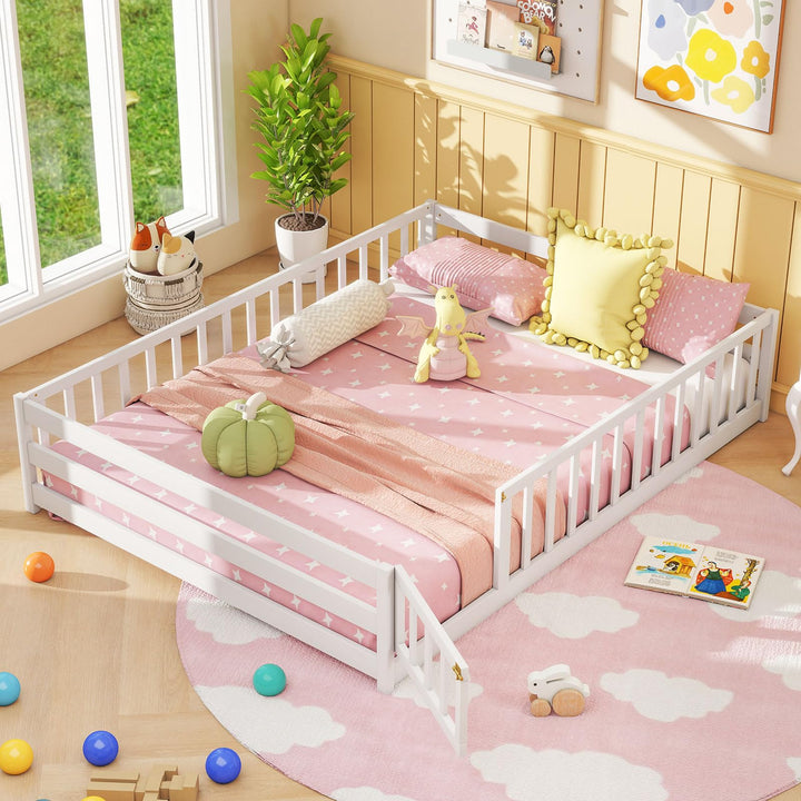 Giantex Floor Bed with Door &amp; Fence Kids Wood Montessori Beds with Safety Guardrails