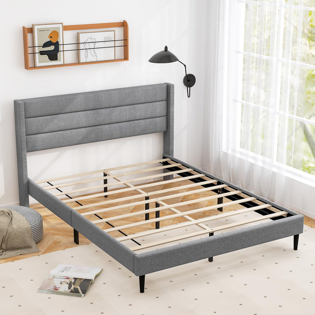 Giantex Queen/Twin Size Bed Frame, Modern Linen Upholstered Platform Bed with Wingback Headboard