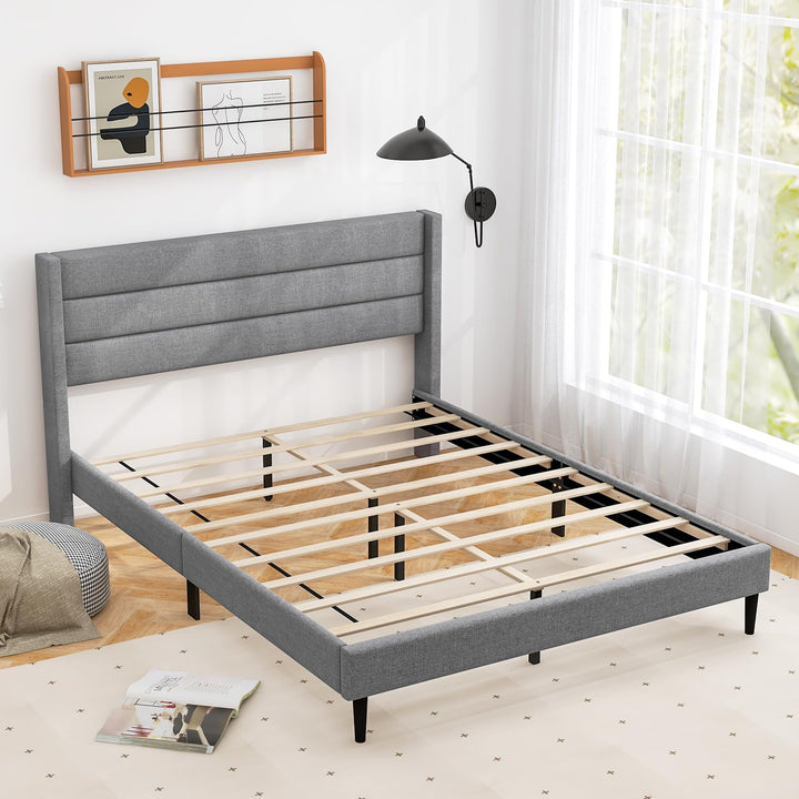 Giantex Queen/Twin Size Bed Frame, Modern Linen Upholstered Platform Bed with Wingback Headboard