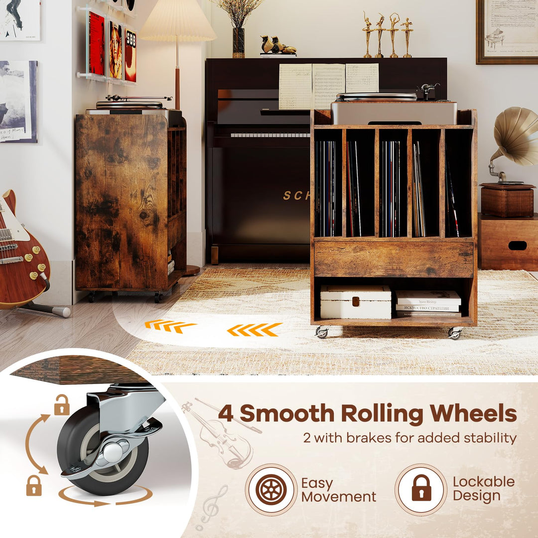 Giantex Record Player Stand Rolling Turntable Stand with Drawer &amp; Lockable Wheels