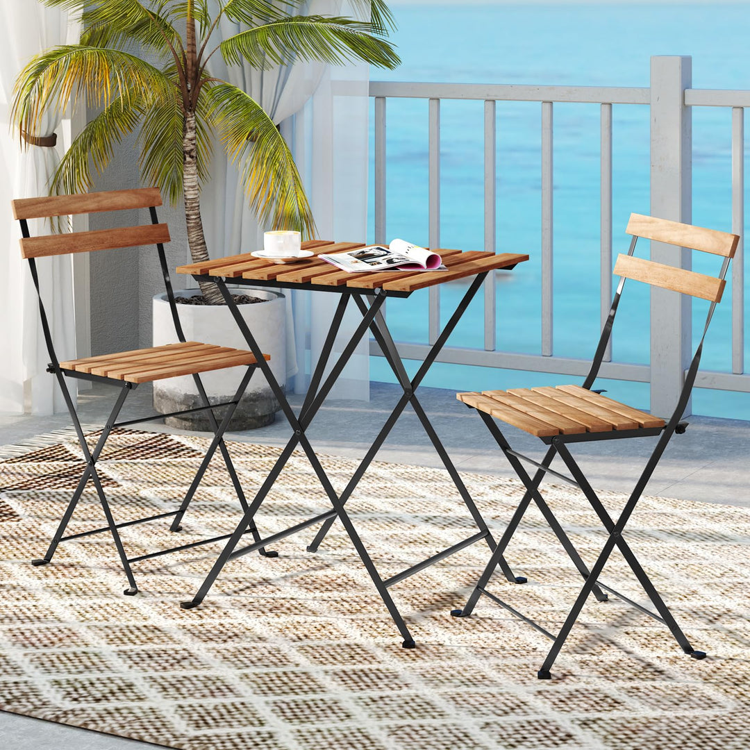 Giantex 3-Piece Acacia Wood Bistro Set with 2 Folding Chairs, Slatted Seat &amp; Tabletop