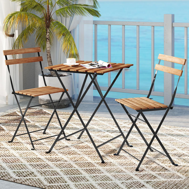 Giantex 3-Piece Acacia Wood Bistro Set with 2 Folding Chairs, Slatted Seat &amp; Tabletop