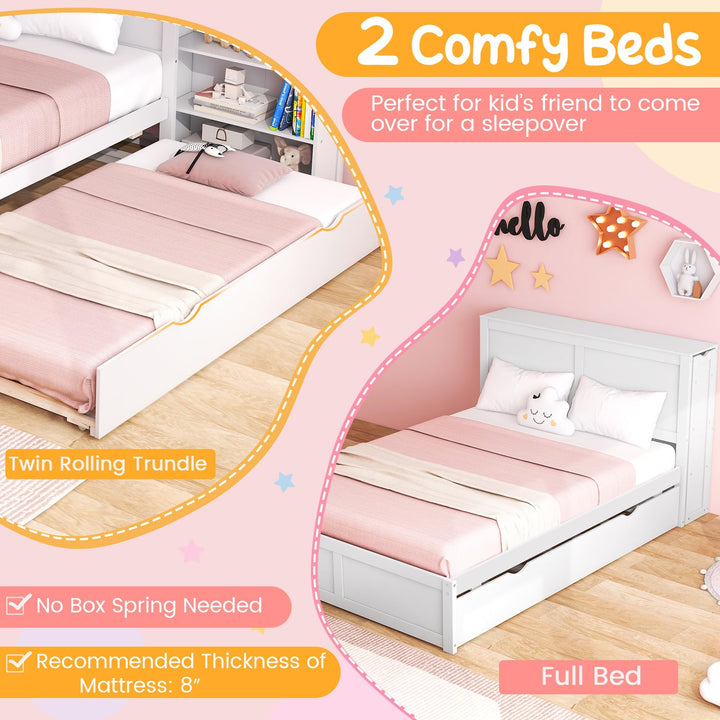 Giantex Full Bed Frame with Twin Trundle, Wooden Bed Wooden Bed Frame with 2 Rolling Bookcases &amp; High Headboard