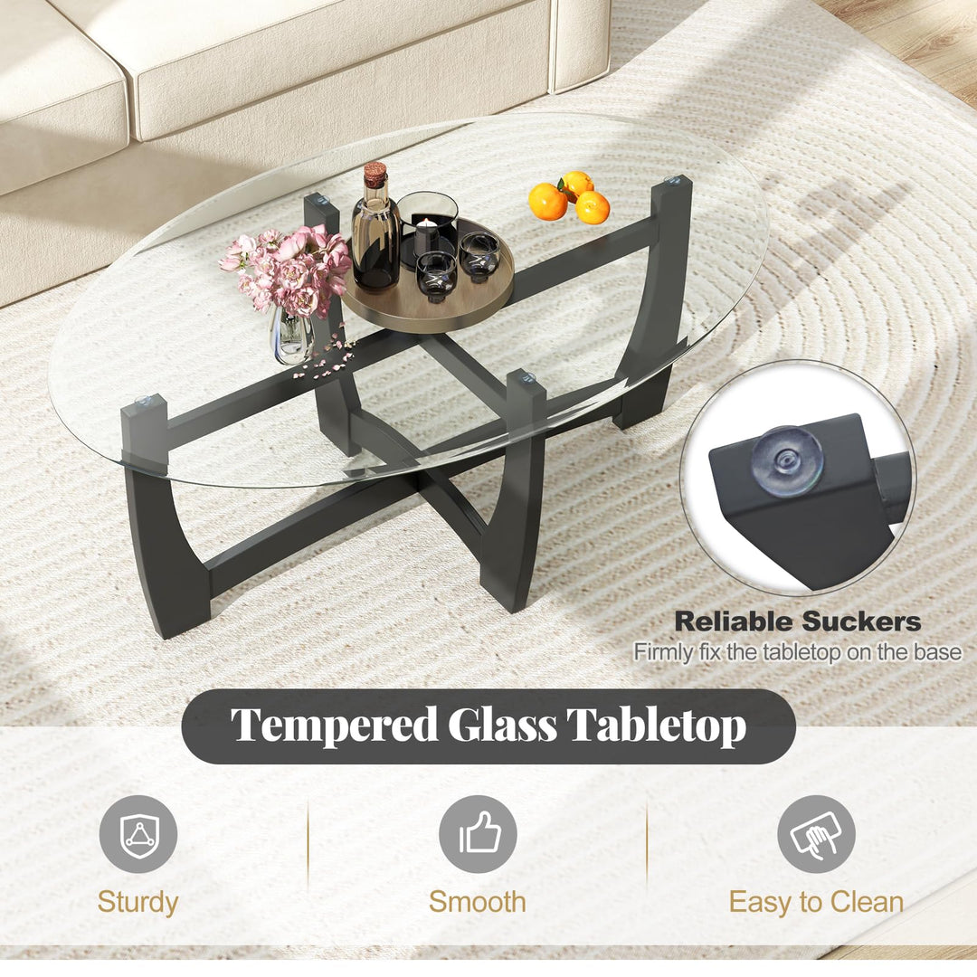 Giantex Glass Coffee Table, 48" Oval Accent Tea Table with Tempered Glass Top &amp; Solid Wood Structure