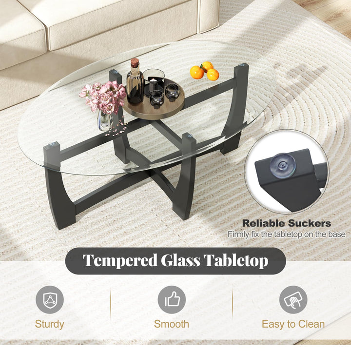 Giantex Glass Coffee Table, 48" Oval Accent Tea Table with Tempered Glass Top &amp; Solid Wood Structure