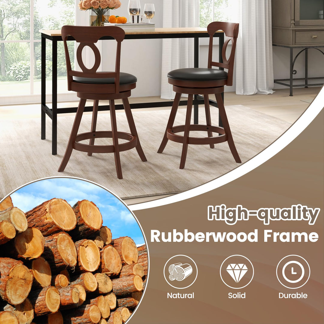 Giantex Swivel Bar Stools Set of 2, 24" Counter Height Barstools with Back, Solid Rubber Wood Frame