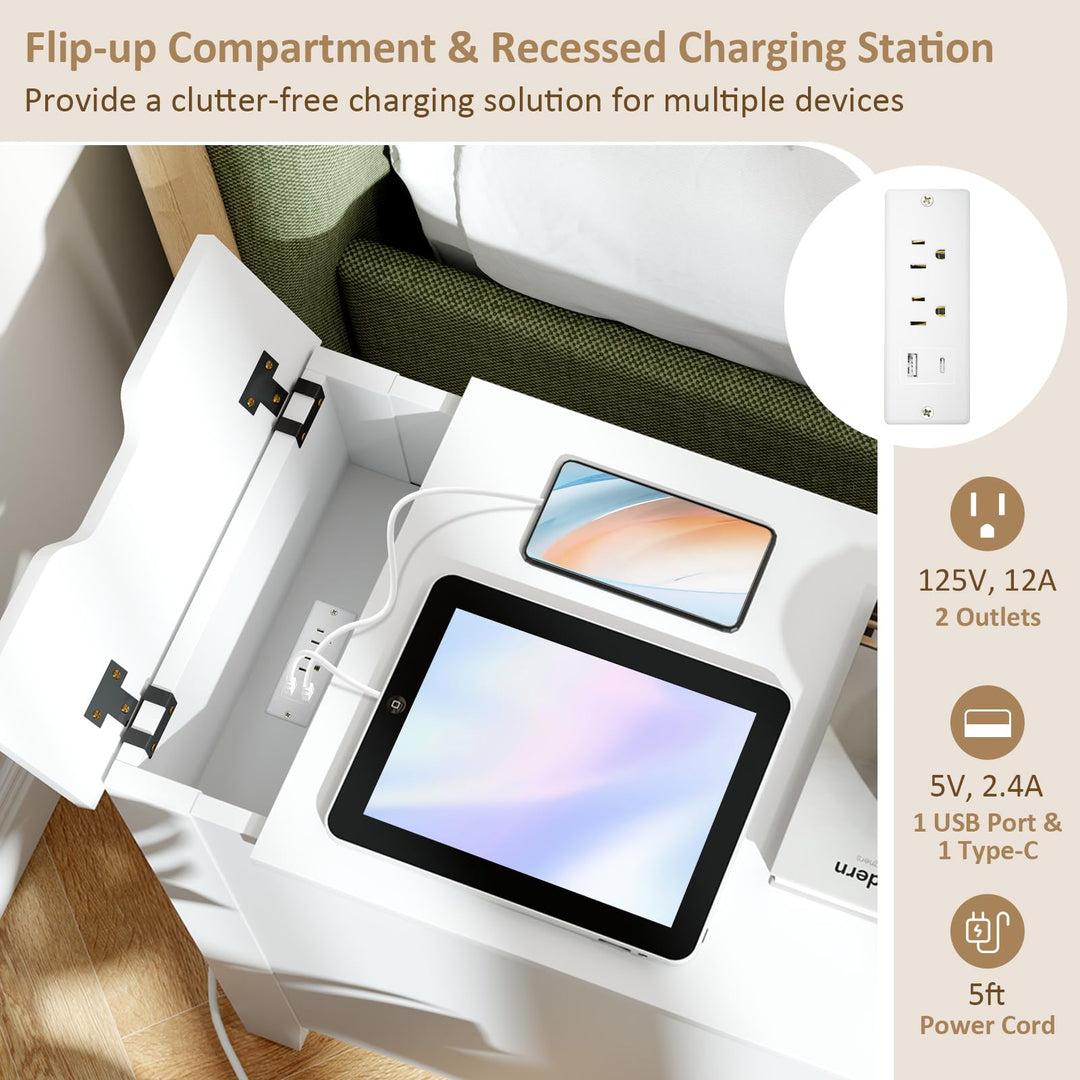 Giantex Nightstand with Charging Station, Flip Top End Table w/USB Ports &amp; Outlets, Modern Side Table w/Storage Drawer