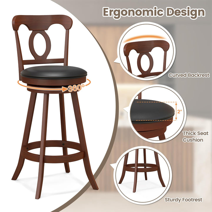 Giantex Swivel Bar Stools Set of 2, 24" Counter Height Barstools with Back, Solid Rubber Wood Frame