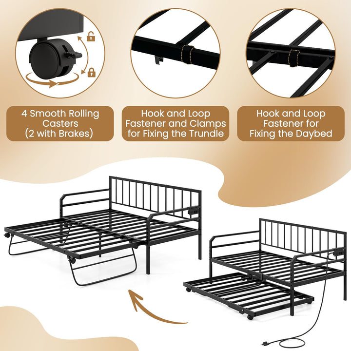 Giantex Twin Daybed with Trundle, Twin Bed Frame with Charging Station &amp; LED Lights, Metal Trundle Bed Twin w/Steel Slats Support