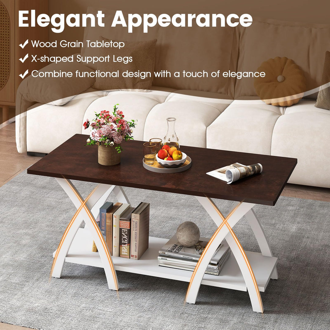 40 Inch Farmhouse Wooden 2-Tier Coffee Table with Storage Shelf for Living Room