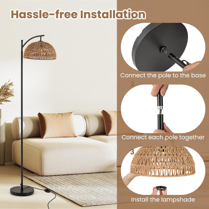 Giantex Boho Floor Lamp with Handwoven Paper Rope Shade Arc Standing Lamp with E26 Socket &amp; Foot Switch