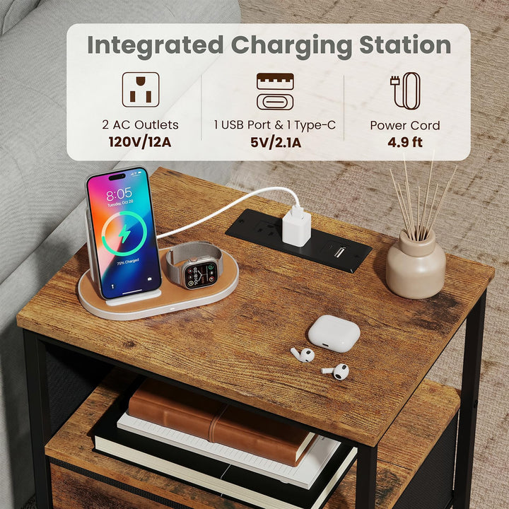 GIANTEX 27.5" Nightstand with Charging Station &amp; 3 Fabric Drawer (1/2)