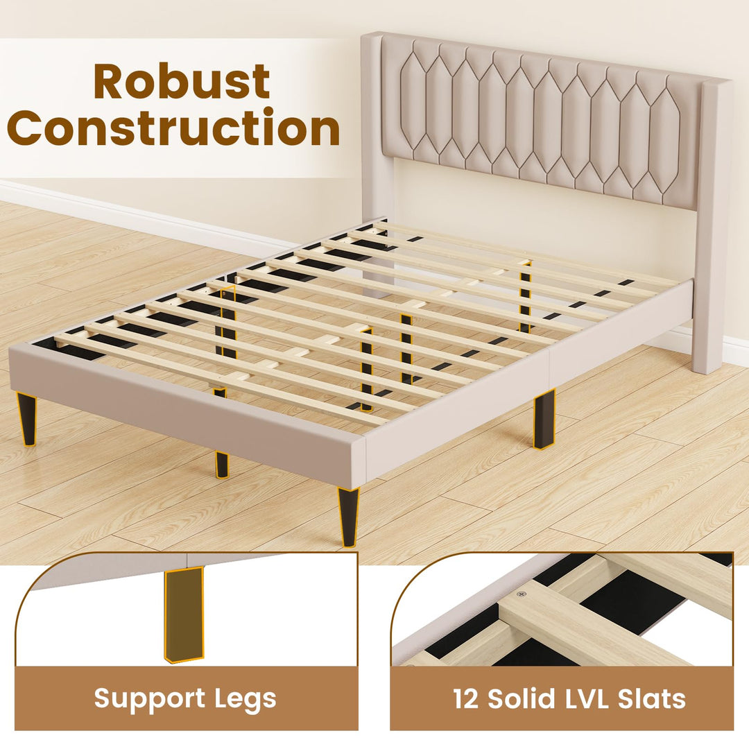 Giantex Queen Size Dutch Velvet/Linen Fabric Upholstered Platform Bed with Wingback Headboard and Wooden Slat Support