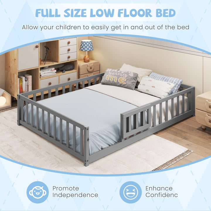 Giantex Full Size Floor Bed for Kids, Montessori Floor Bed with Wood Slats &amp; Safety Guardrails