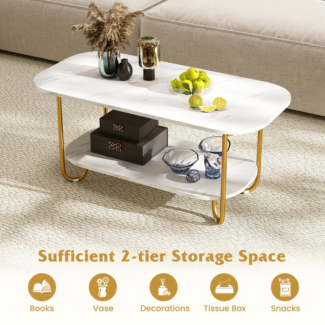 Giantex 2 Tier Coffee Table with Storage Modern Faux Marble Center Table