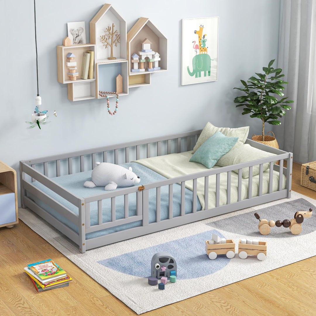 Giantex Twin Floor Bed with Door &amp; Fence, Kids Wood Montessori Bed with Safety Guardrails