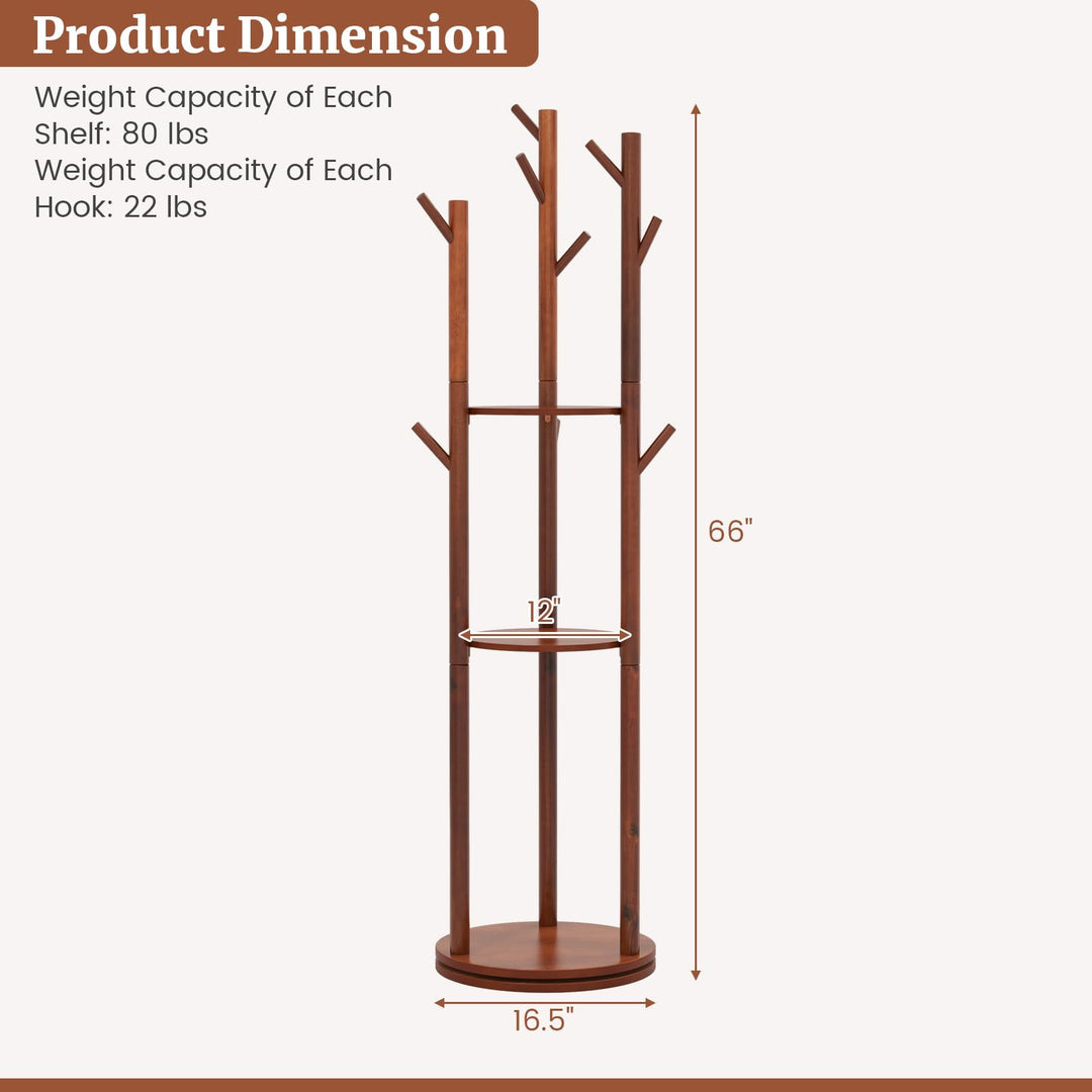 Giantex Coat Rack Freestanding, Wooden Rotary Coat Tree w/ 3 Display Storage Shelves &amp; 9 Hooks