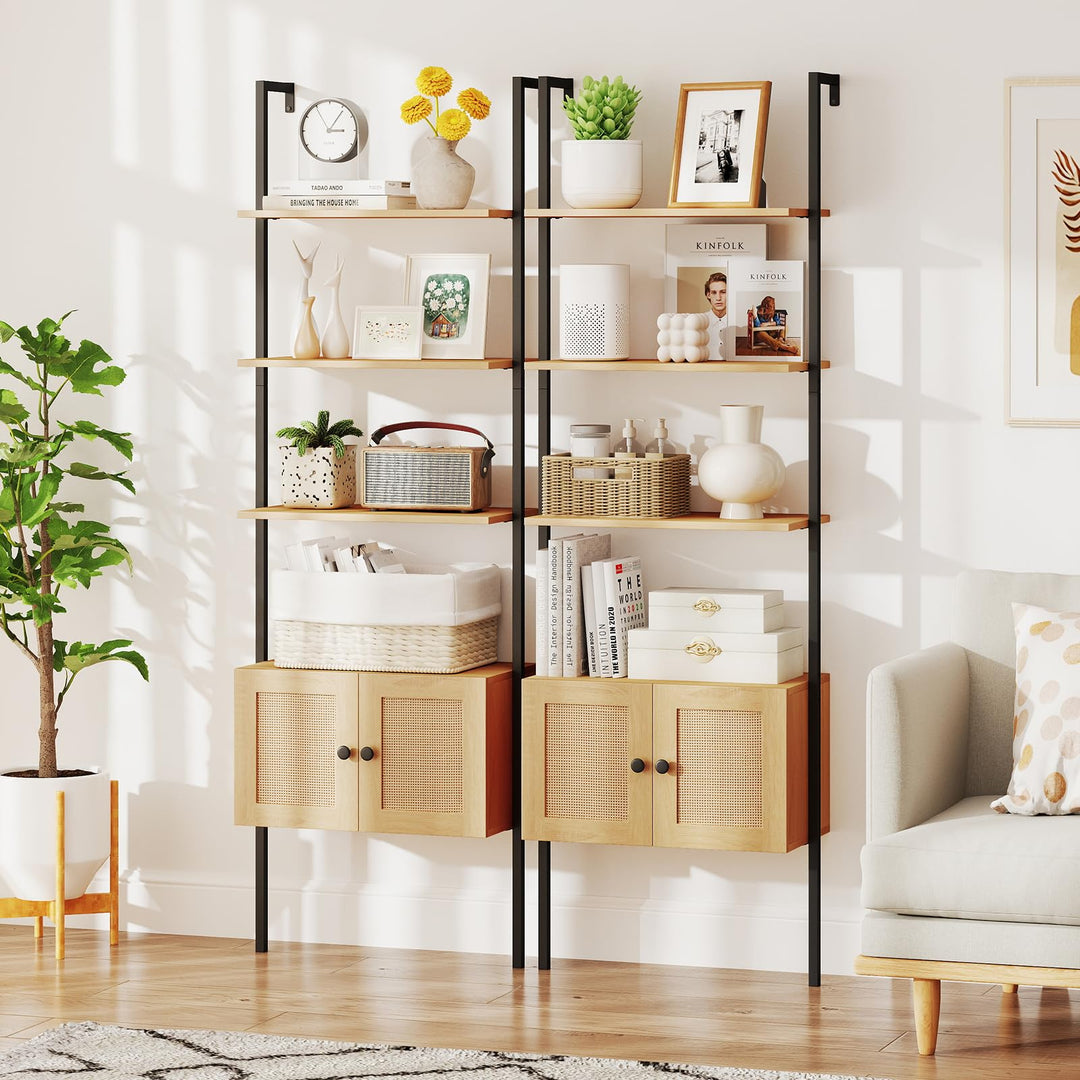 Giantex 72.5" Tall Wall-Mounted 5-Tier Ladder Bookcase with Rattan Cabinet