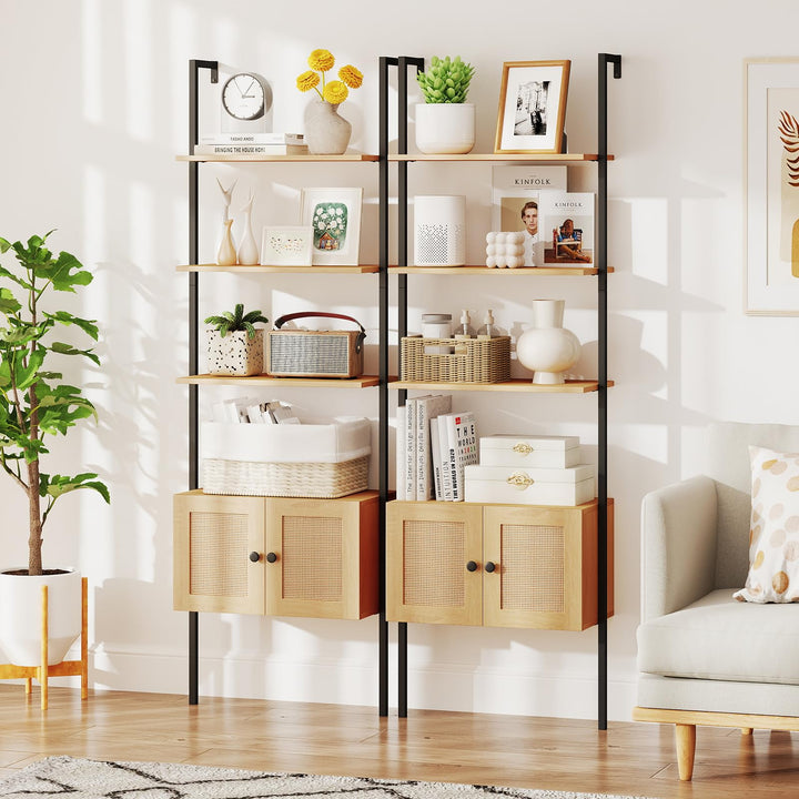 Giantex 72.5" Tall Wall-Mounted 5-Tier Ladder Bookcase with Rattan Cabinet