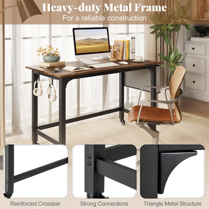 Giantex 48" Rolling Computer Desk, Mobile Study Writing Desk with Wheels &amp; Metal Frame, Simple Style Home Office Work Bench