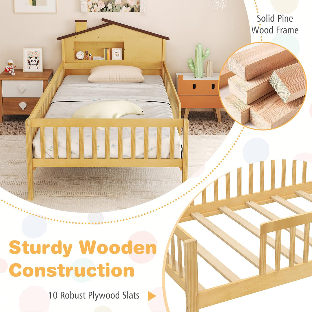Giantex Twin Bed Frames for Kids, Solid Wood Montessori Bed with House-Shaped Headboard &amp; Built-in Storage Shelf