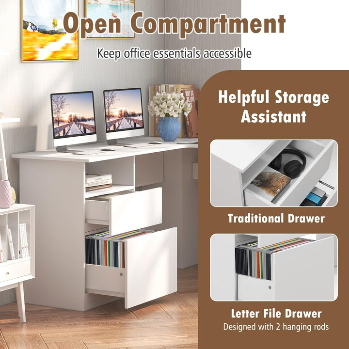 Giantex L Shaped Computer Desk with Drawers, 59" Corner Desk Workstation with Storage Shelf &amp; Cable Holes