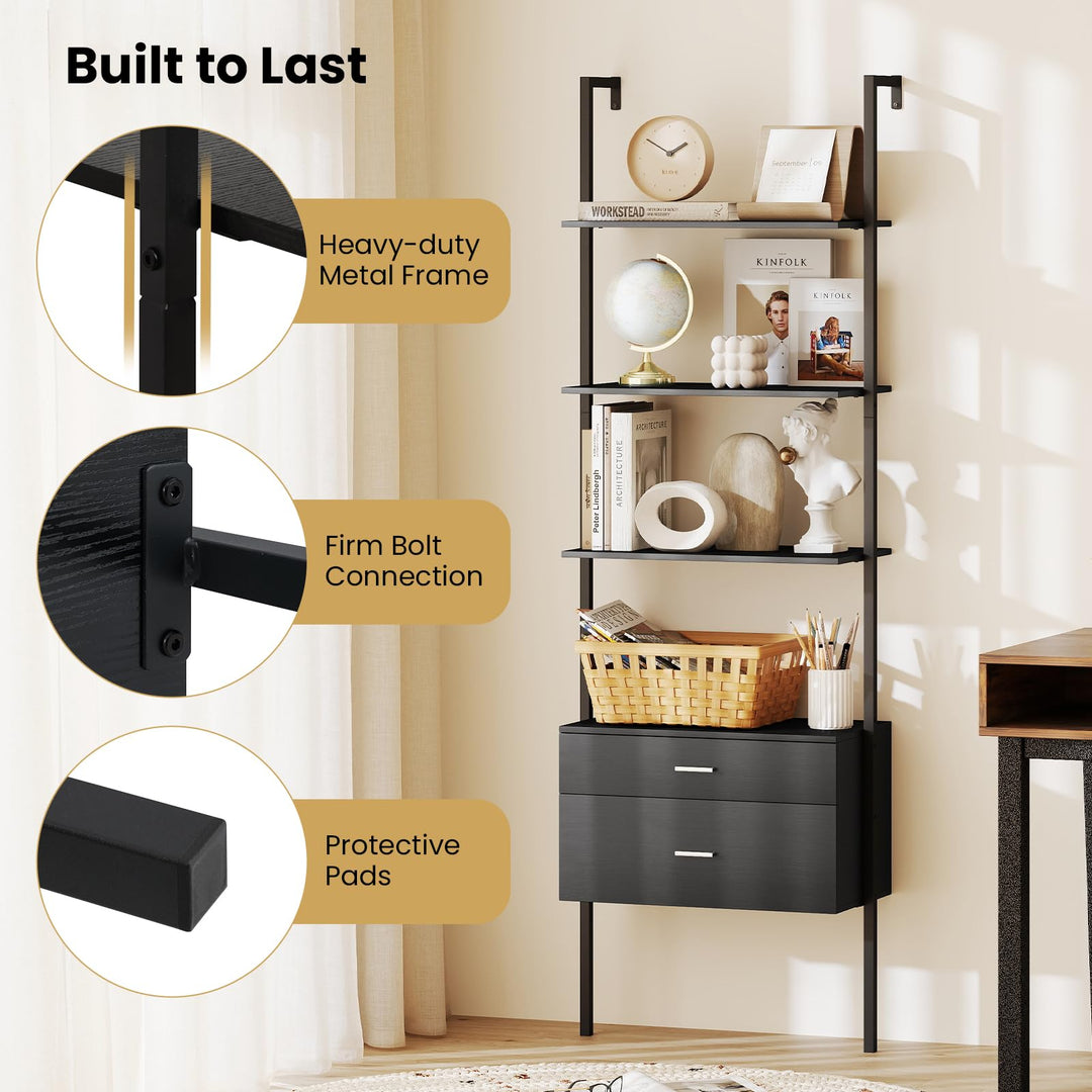 Giantex 6-Tier Ladder Bookcase with 2 Drawers 72.5" Tall Wall-Mounted Bookshelf with Metal Frame