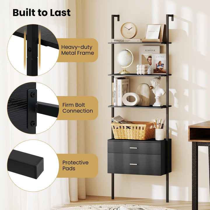 Giantex 6-Tier Ladder Bookcase with 2 Drawers 72.5" Tall Wall-Mounted Bookshelf with Metal Frame