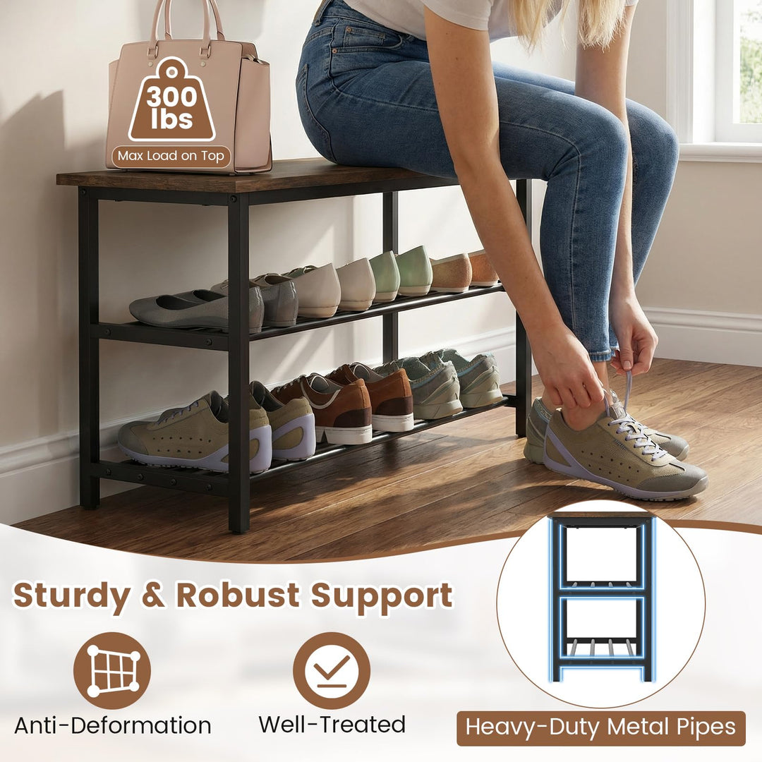 Giantex 3-Tier Shoe Bench 32" L Shoe Organizer Storage Bench with Metal Slat Shelves &amp; Seat