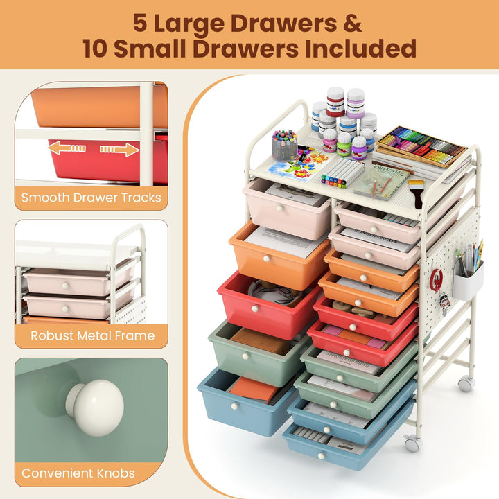 Giantex 15 Drawer Storage Cart | Rolling Craft Cart with Metal Tabletop &amp; Pegboard