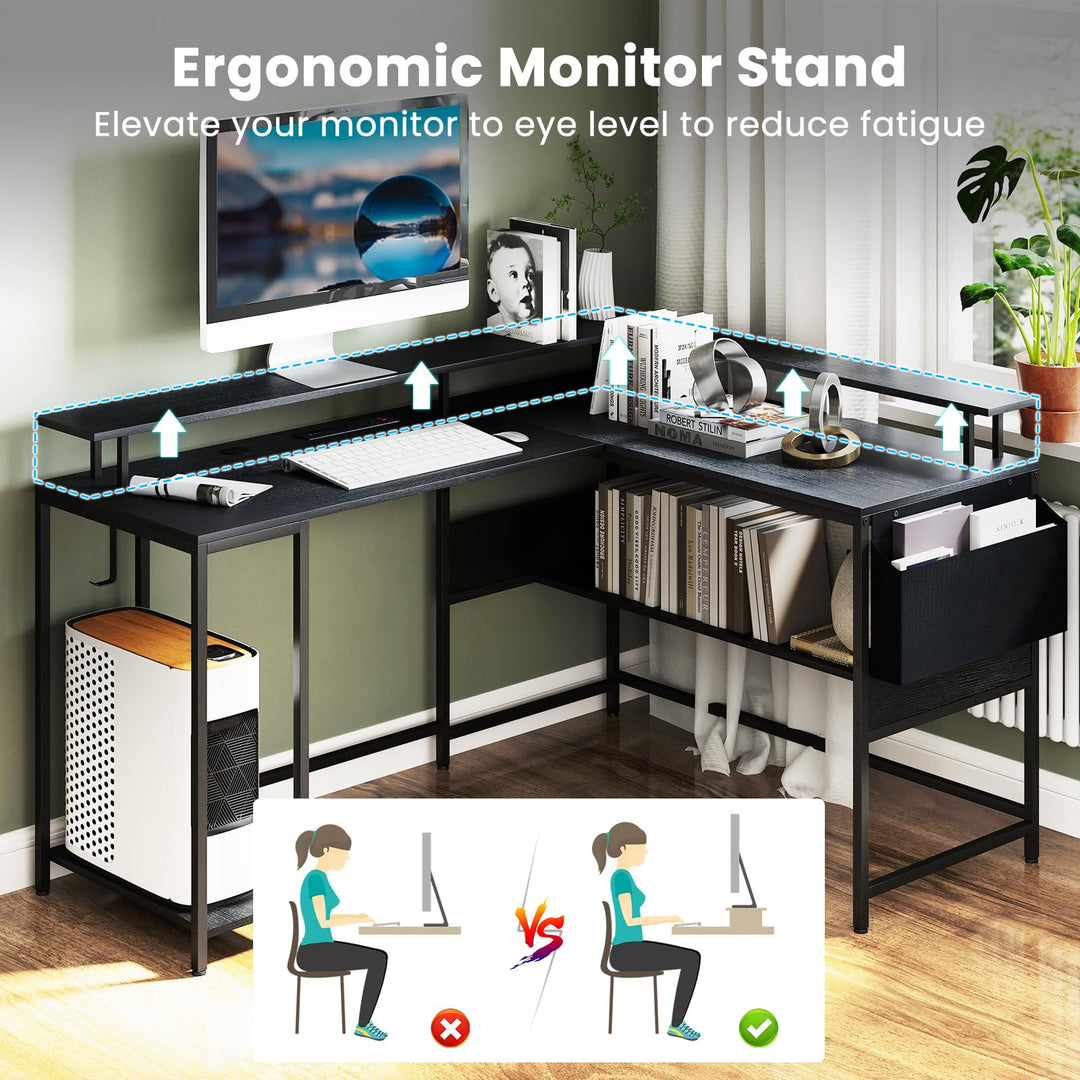 Giantex L Shaped Desk with LED Light &amp; Power Outlets Ergonomic Home Office Desk