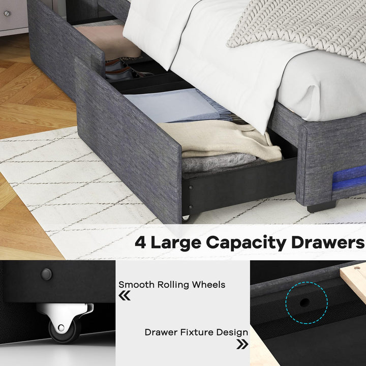 Giantex Full Size Bed Frame with LED Lights &amp; Charging Station, Upholstered Platform Bed with Wingback Headboard