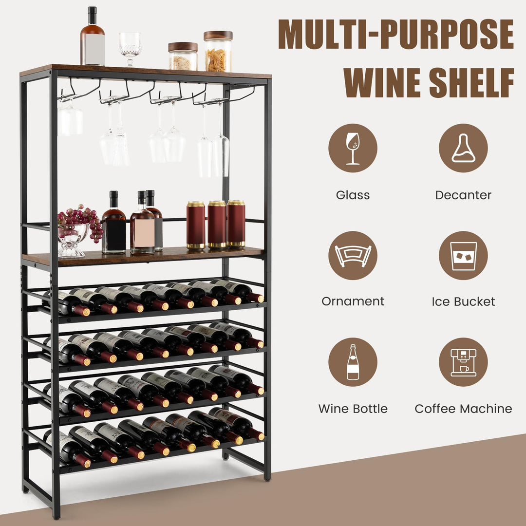 Floor Wine Rack w/ 4-Tier Wine Storage &amp; 4 Rows of Stemware Racks