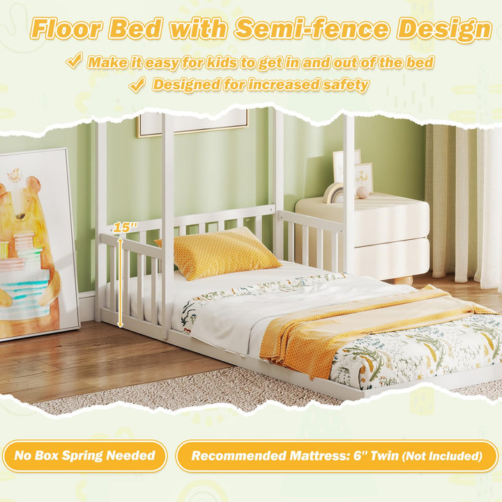 Giantex Twin Size House Bed Montessori Floor Bed with House Shape Roof &amp; Semi-Fence