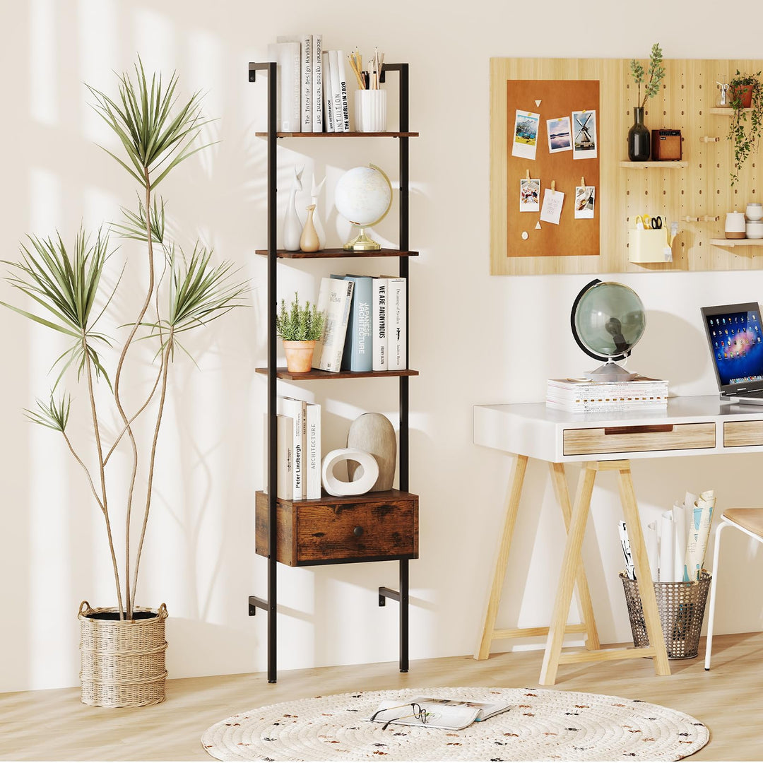Giantex 5-Tier Ladder Bookcase with Drawer 70" Tall Wall-Mounted Bookshelf with Metal Frame