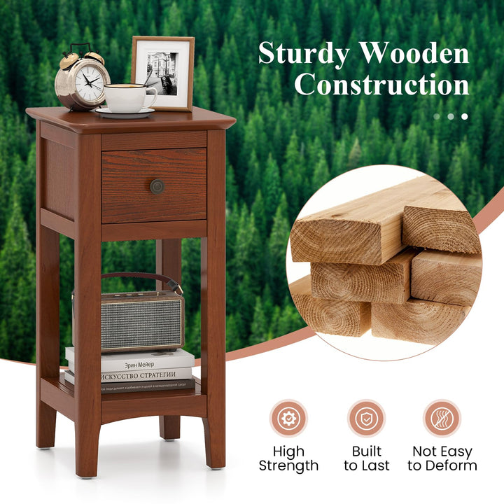 Giantex Narrow End Table with Drawer 23.5" H Side Table w/Open Storage Shelf &amp; Solid Wood Frame