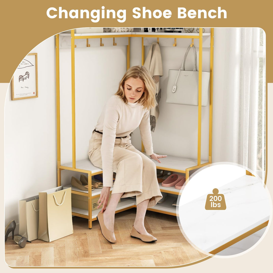 Giantex Corner Coat Rack with Shoe Bench, L-shaped Garment Rack with 5 Shelves &amp; 7 Hooks
