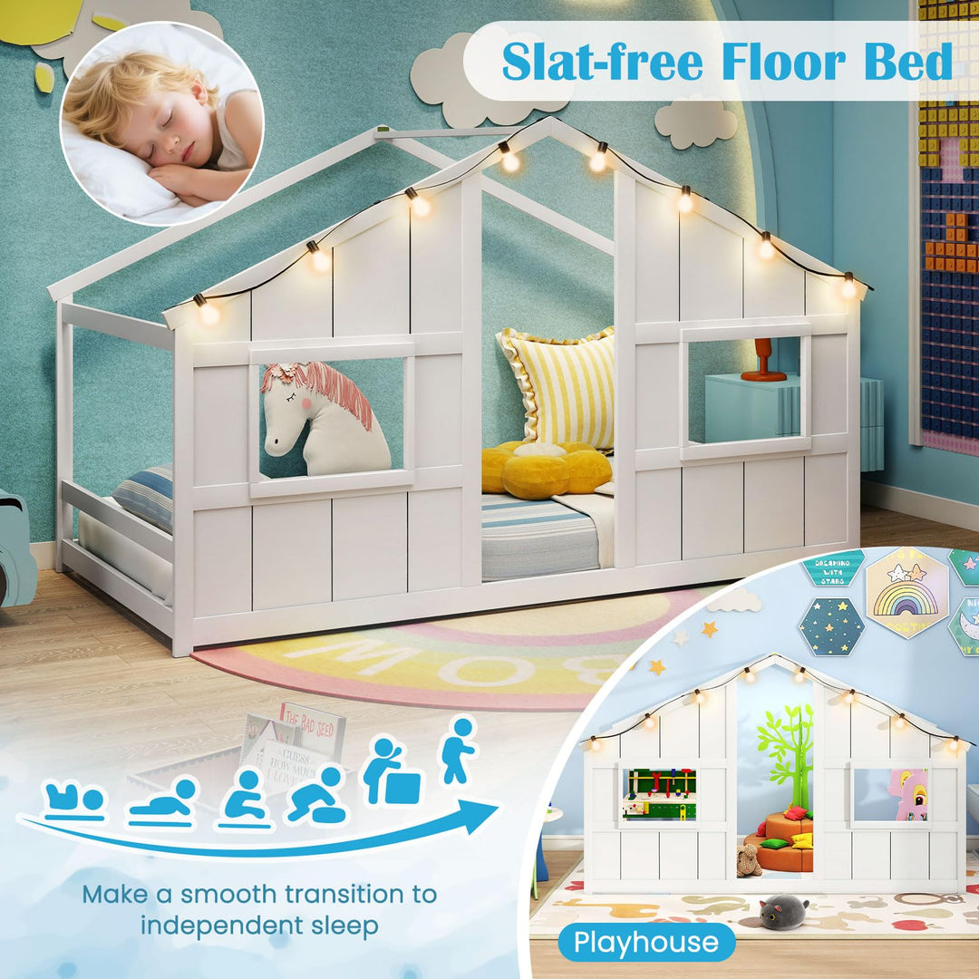 Giantex Twin Kids House Bed with Light Bulbs Wooden Montessori Floor Bed Frame with Roof &amp; Windows