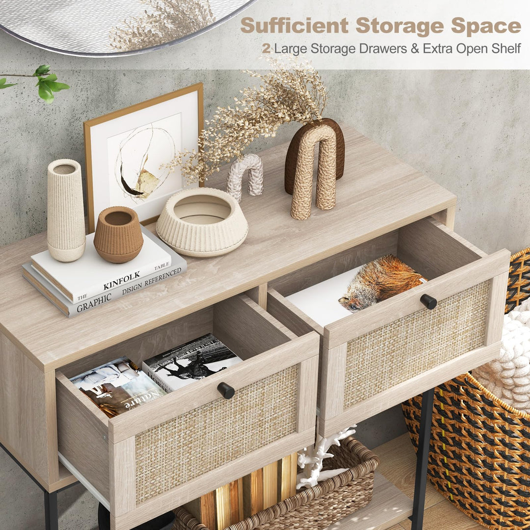 Giantex Console Table with Rattan Drawers - 31.5" Entryway Table w/ 2 Drawers &amp; Open Storage Shelf